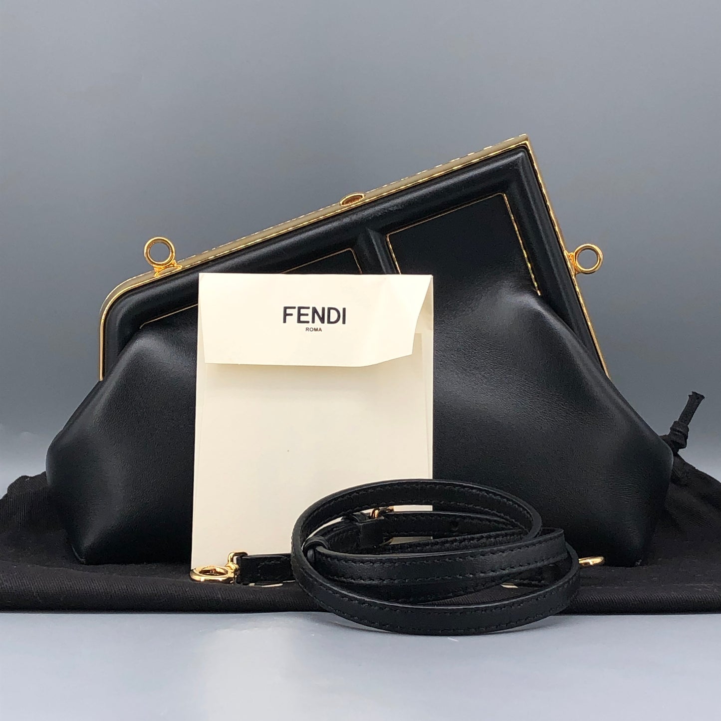 Fendi First Smooth Calfskin Clutch Crossbody Bag Black