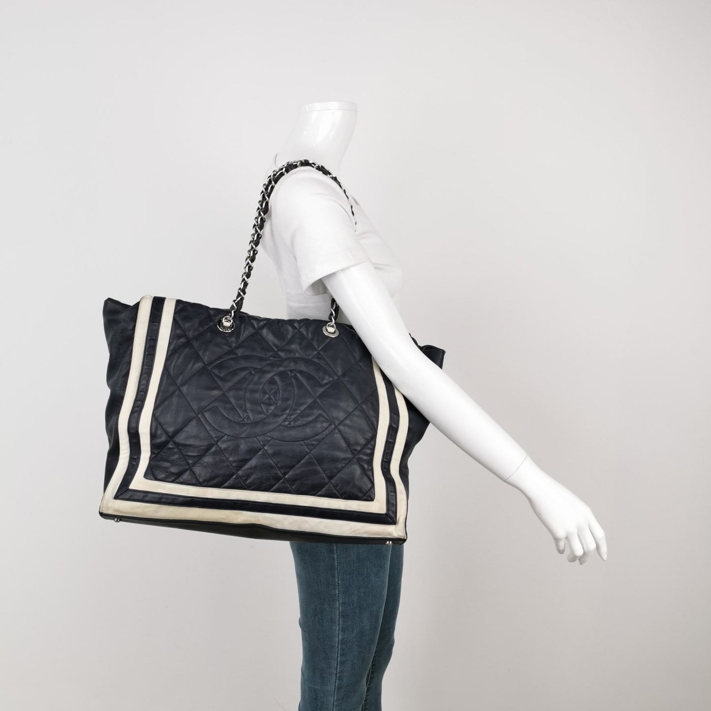 Chanel CC Shopping Tote Medium Cannage Lambskin Leather Navy with White Stripes