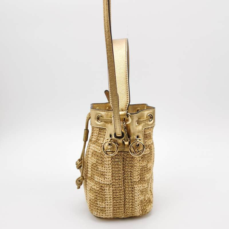 Fendi Mon Tresor Mini Bucket Bag Gold Raffia Thread and Leather Crossbody Bag