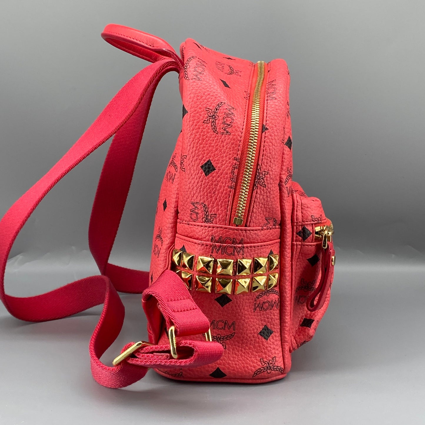 MCM Coral Red Visetos Mini Backpack