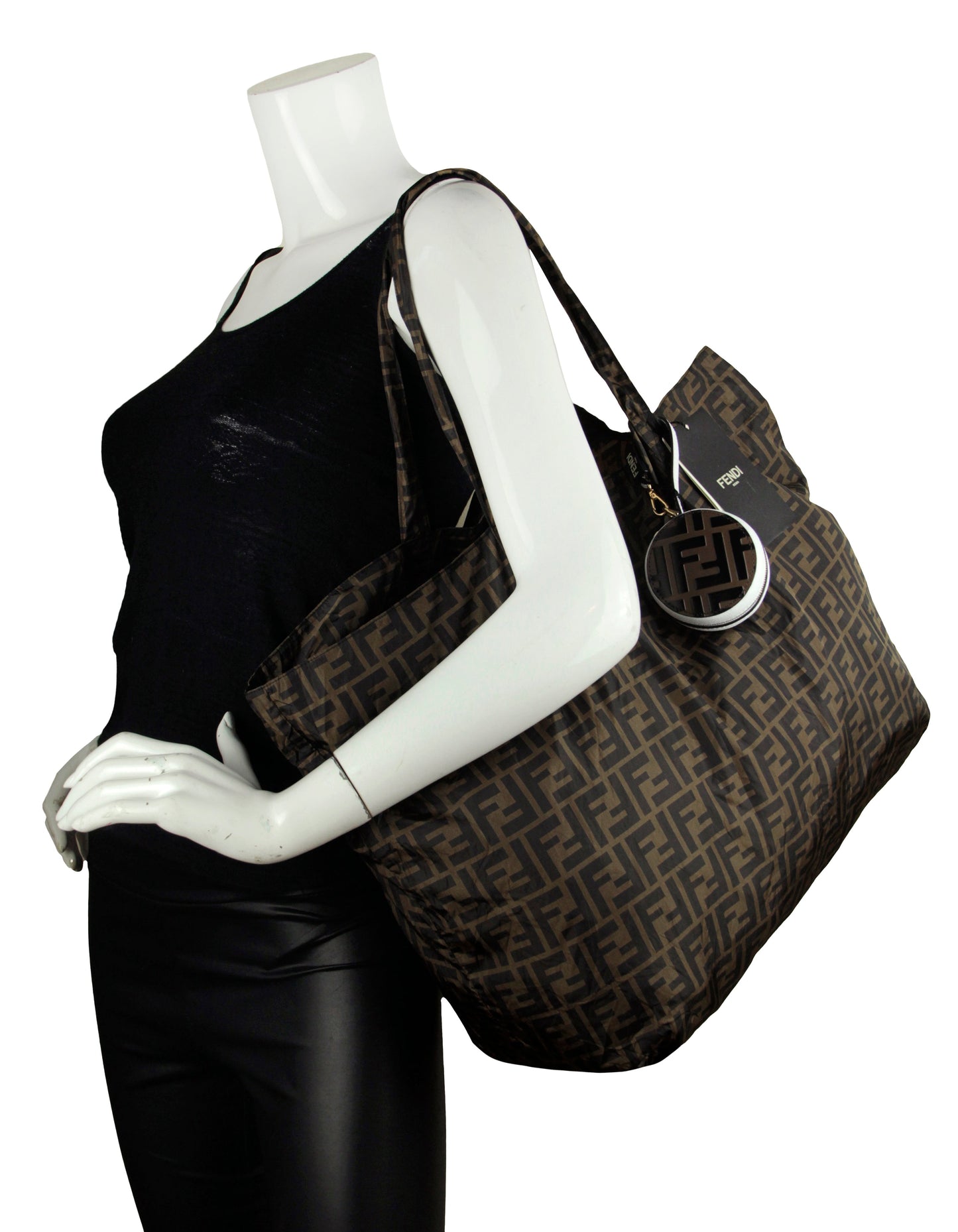 Fendi NWT Brown Monogram Nylon Foldaway Tote Bag w/ Tamburo Pocket Charm