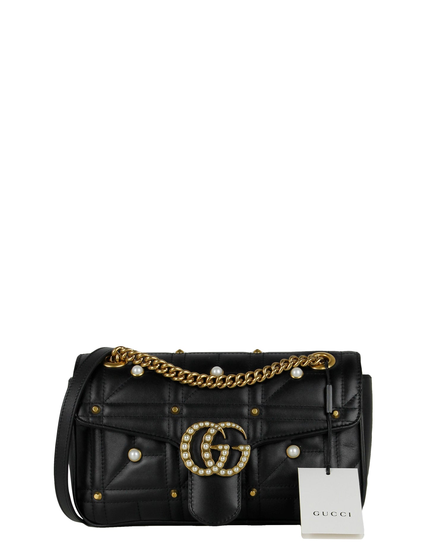 Gucci NWT Black Small GG Marmont MatelassÃ© Pearl Studded Shoulder Bag