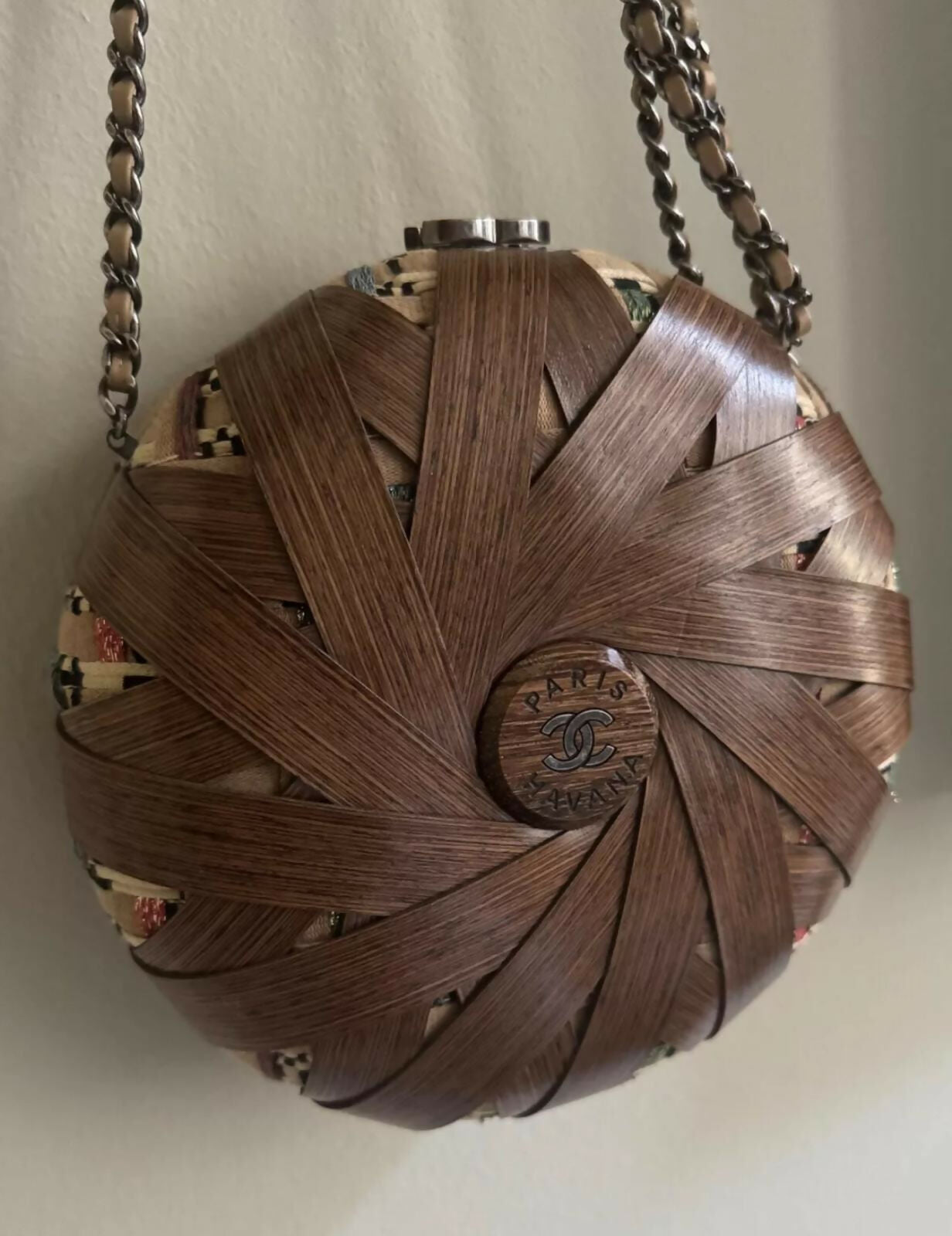 Chanel Havana By Night Round Woven Wood and Tweed Minaudière
