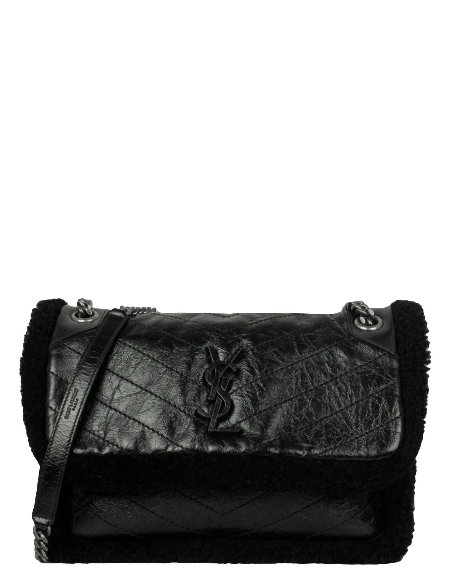 Saint Laurent Black Shearling Trim Calfskin Medium Niki Chain Shoulder Bag