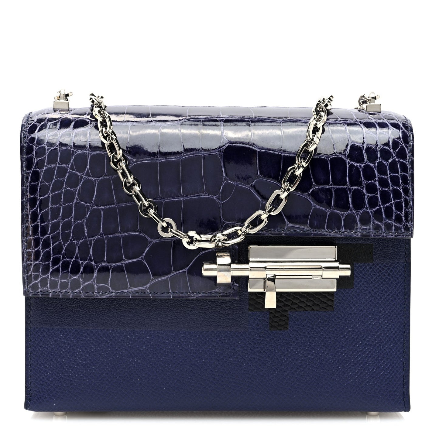 Hermes Epsom Shiny Alligator Mini Verrou Chaine Bag Bleu Encre Black