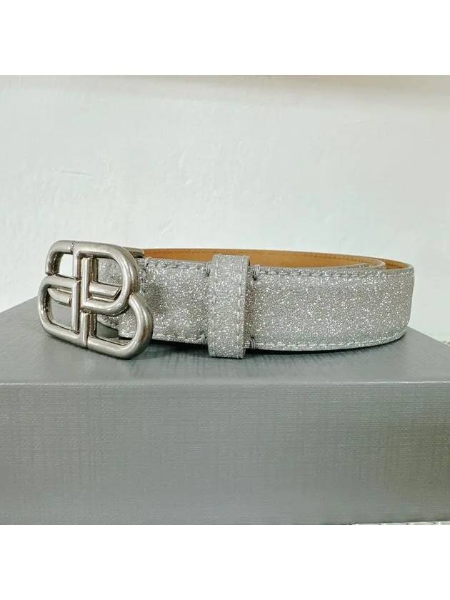 Luxury Balenciaga Trending 2026 BB Buckle Glitter Calf Leather Belt Silver