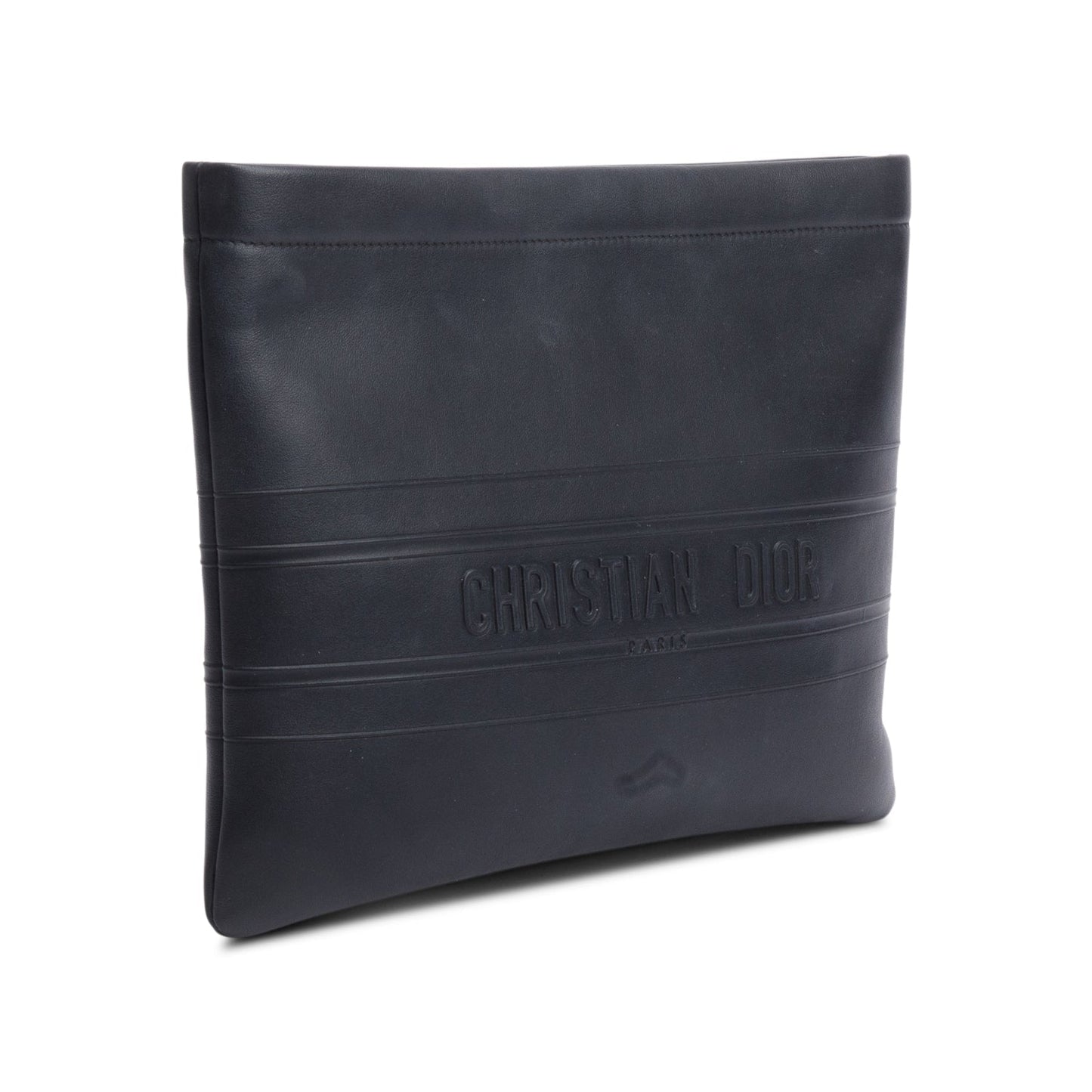Christian Dior Black calfskin Leather Logo Strip Zip Pouch