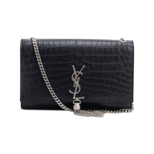 Saint Laurent Black Crocodile-Embossed Leather Medium Classic Monogram Kate Tassel Chain Bag