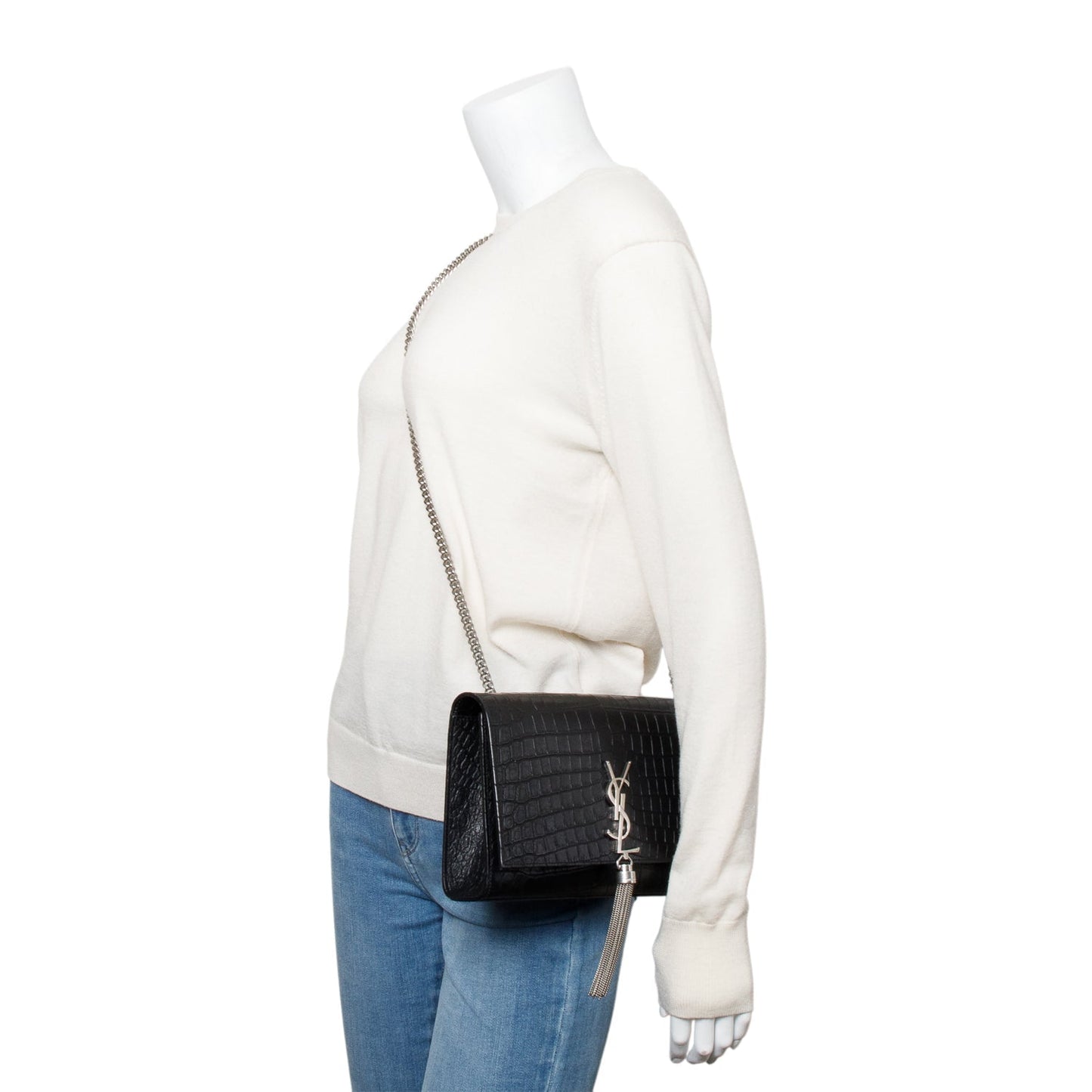 Saint Laurent Black Crocodile-Embossed Leather Medium Classic Monogram Kate Tassel Chain Bag