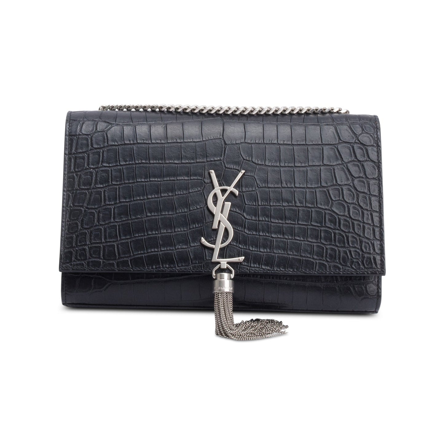 Saint Laurent Black Crocodile-Embossed Leather Medium Classic Monogram Kate Tassel Chain Bag