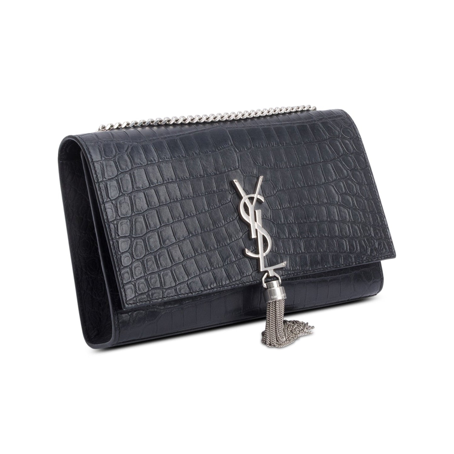 Saint Laurent Black Crocodile-Embossed Leather Medium Classic Monogram Kate Tassel Chain Bag