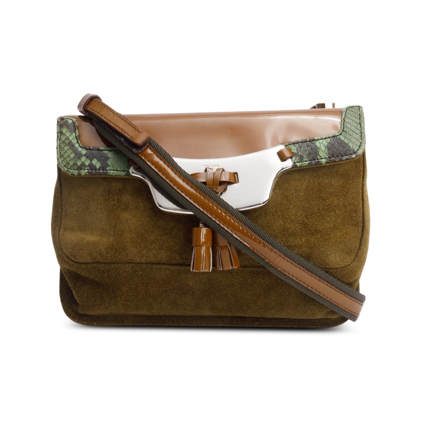 Prada Brown Brown Patent Leather Green Python and Suede Trimmed Mini Shoulder Bag