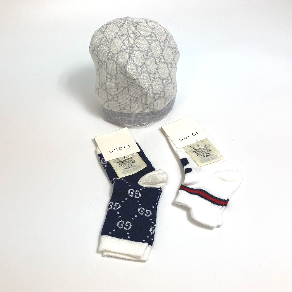 GUCCI Knit hat 418599 cotton White x navy Baby GG pattern Women M
