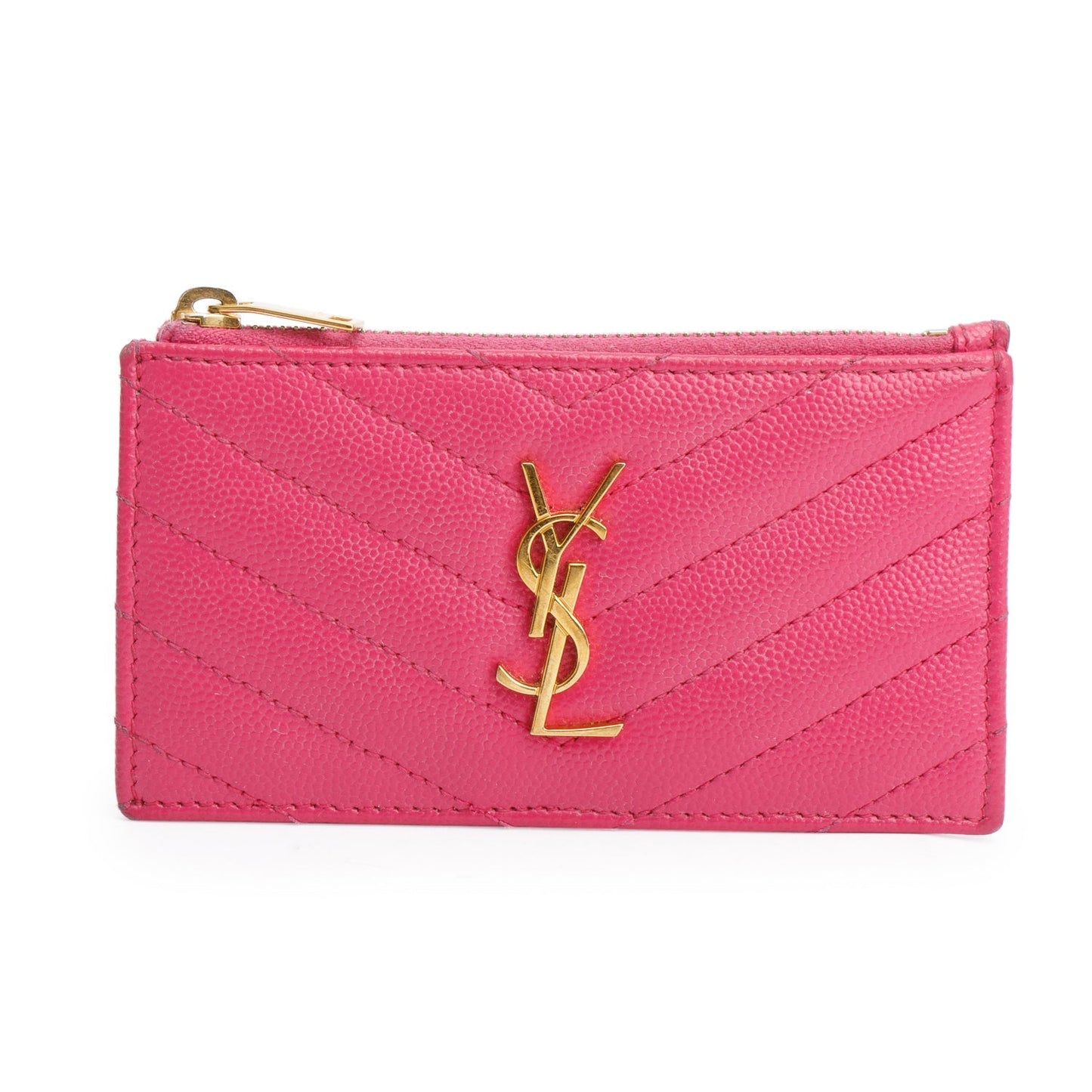 Saint Laurent 2022 Pink Grain De Poudre Leather Cassandre Matelasse Fragments Zipped Card Case