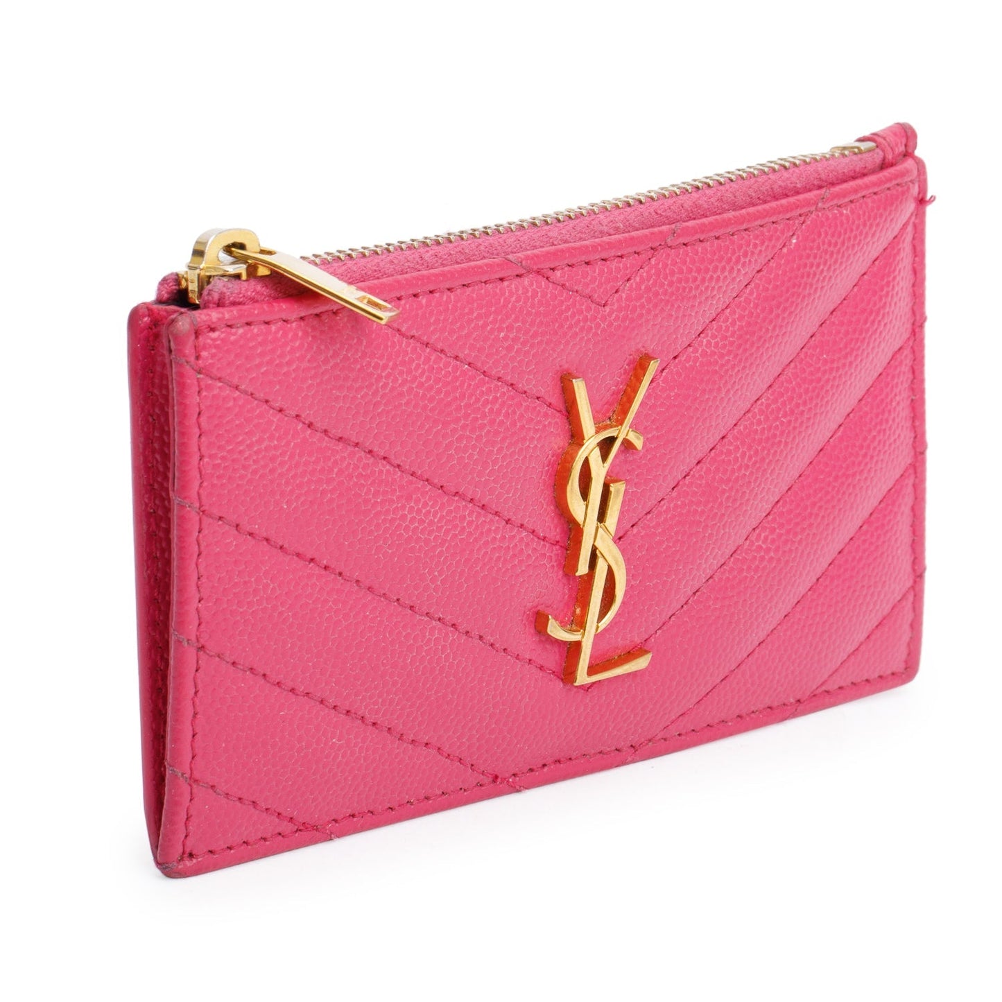 Saint Laurent 2022 Pink Grain De Poudre Leather Cassandre Matelasse Fragments Zipped Card Case