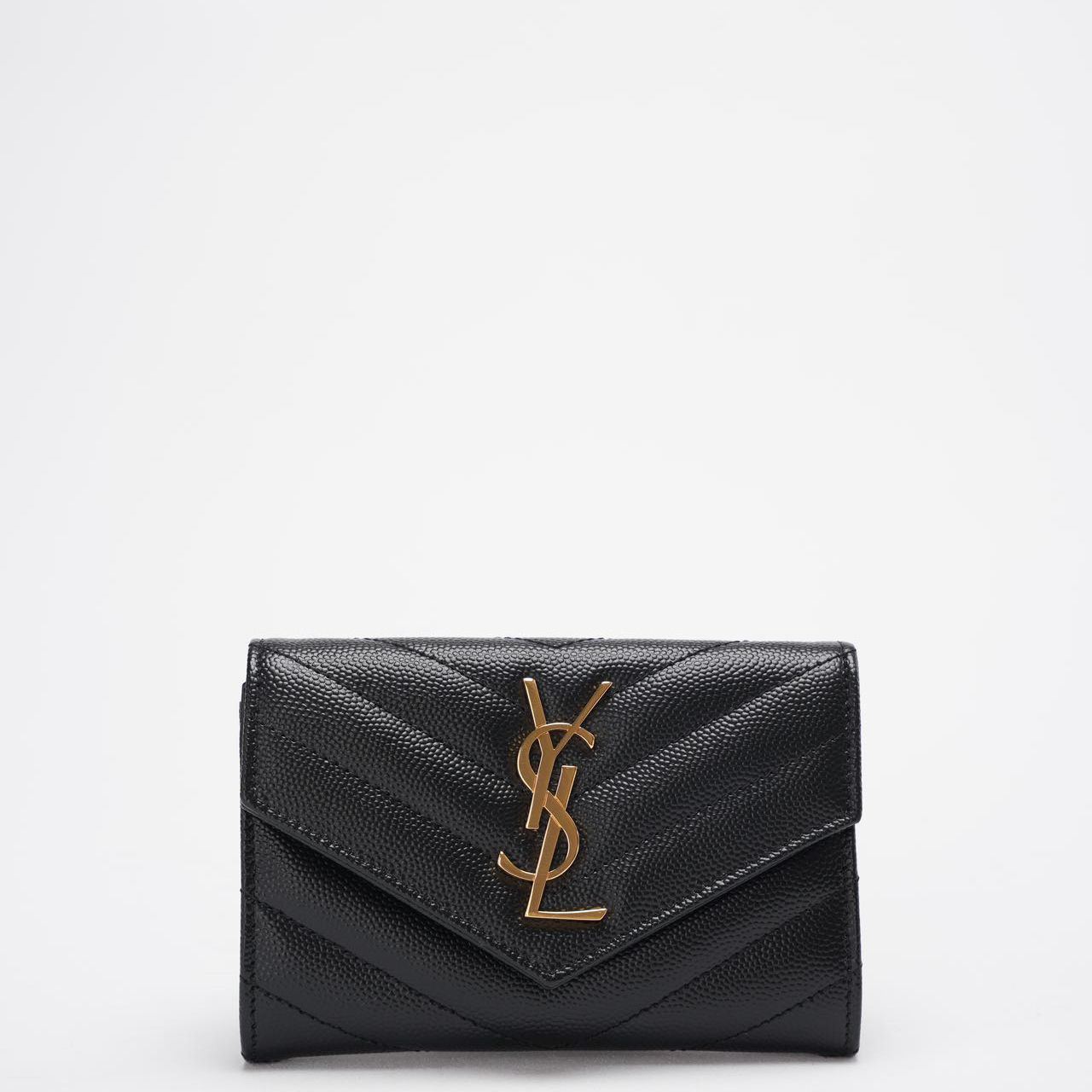 Saint Laurent Small Monogram Wallet Black Leather with Gold YSL Logo