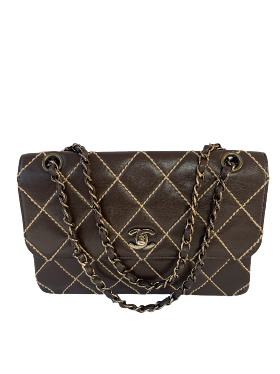 Chanel Wild Stitch Flap Brown Leather with Beige Stitching Detail