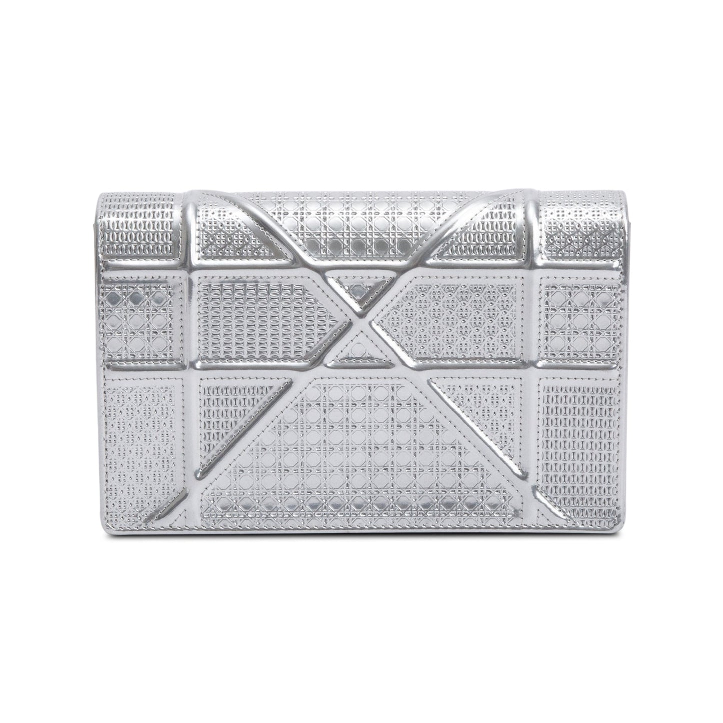 Christian Dior Metallic Silver Microcannage Patent Leather Diorama Wallet on Chain