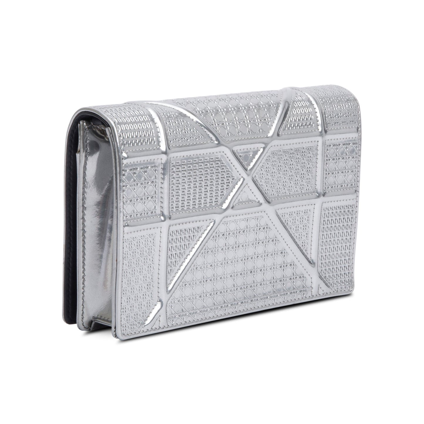 Christian Dior Metallic Silver Microcannage Patent Leather Diorama Wallet on Chain