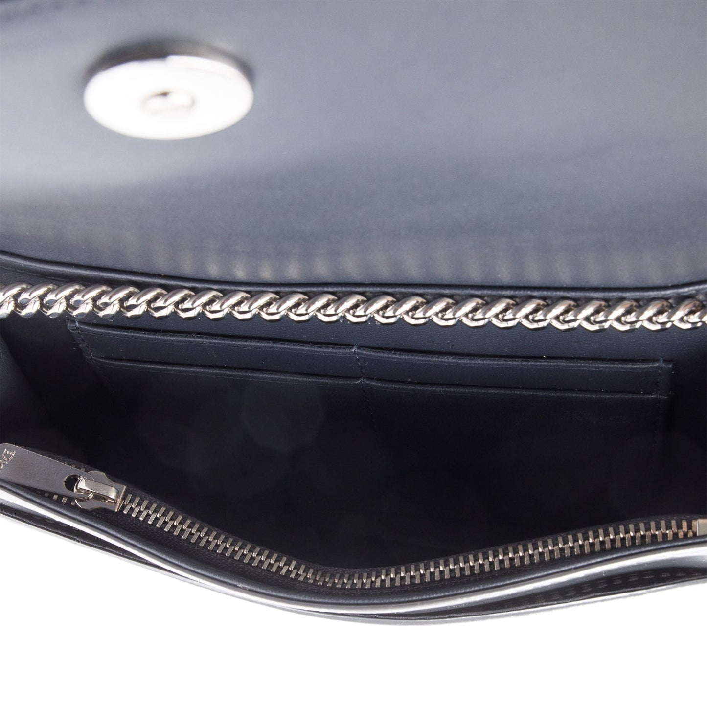 Christian Dior Metallic Silver Microcannage Patent Leather Diorama Wallet on Chain