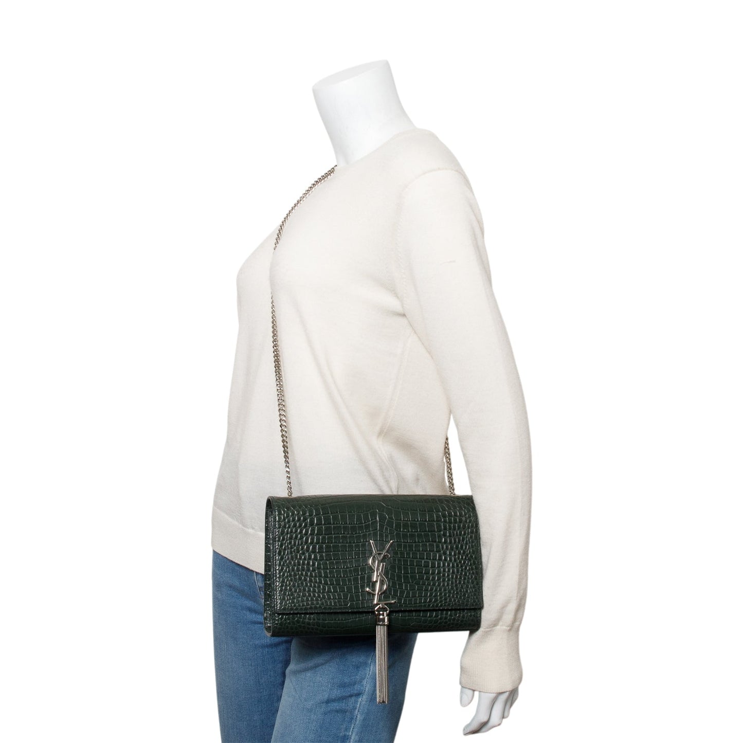 Saint Laurent Green Crocodile-Embossed Leather Medium Classic Monogram Kate Tassel Chain Bag