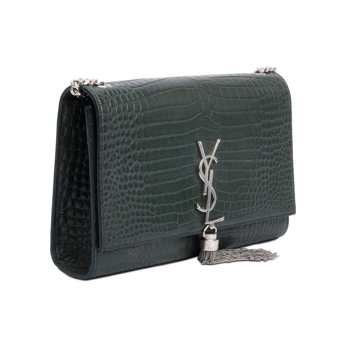 Saint Laurent Green Crocodile-Embossed Leather Medium Classic Monogram Kate Tassel Chain Bag