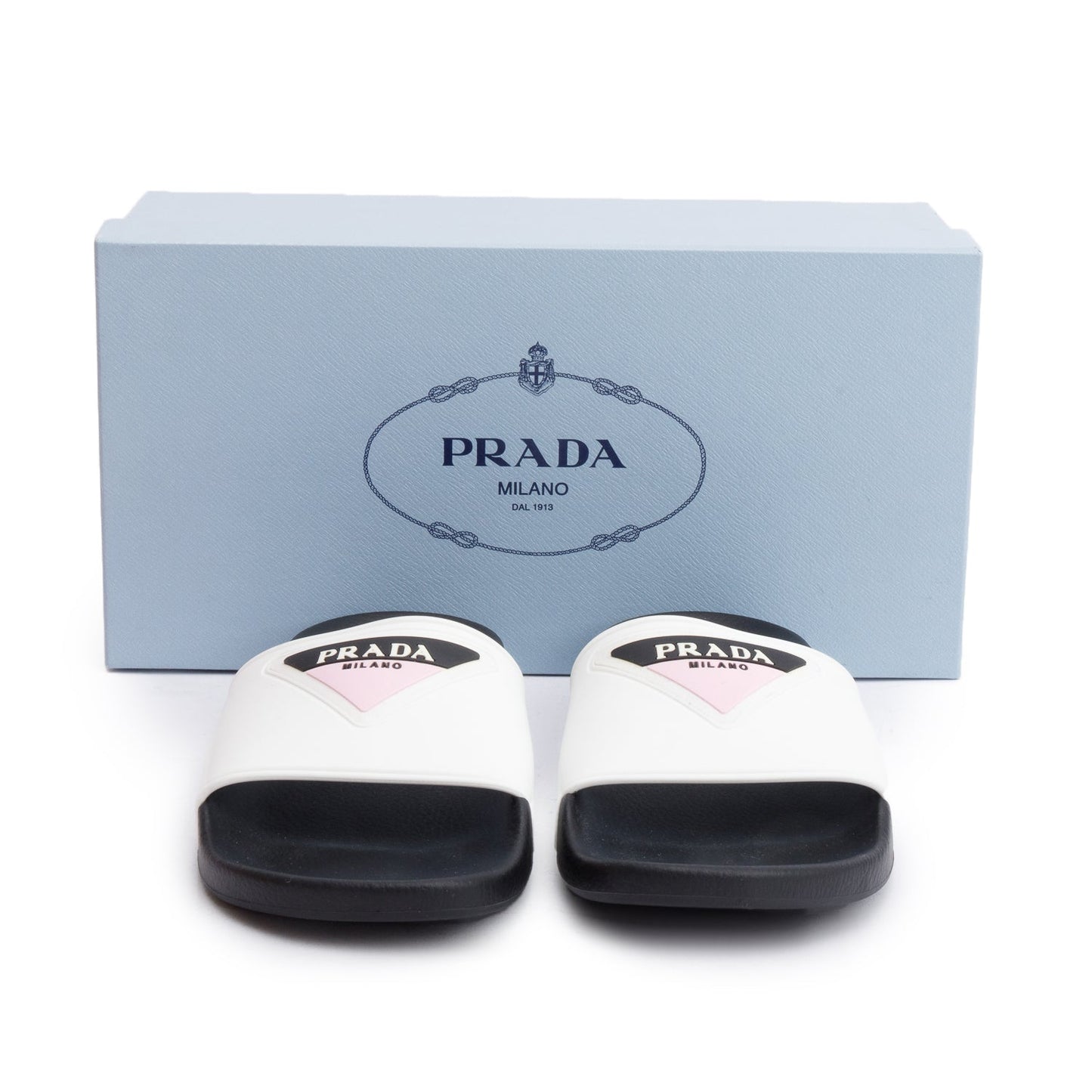 Prada Black/White Graphic Print Rubber Slide Sandals, Size 36