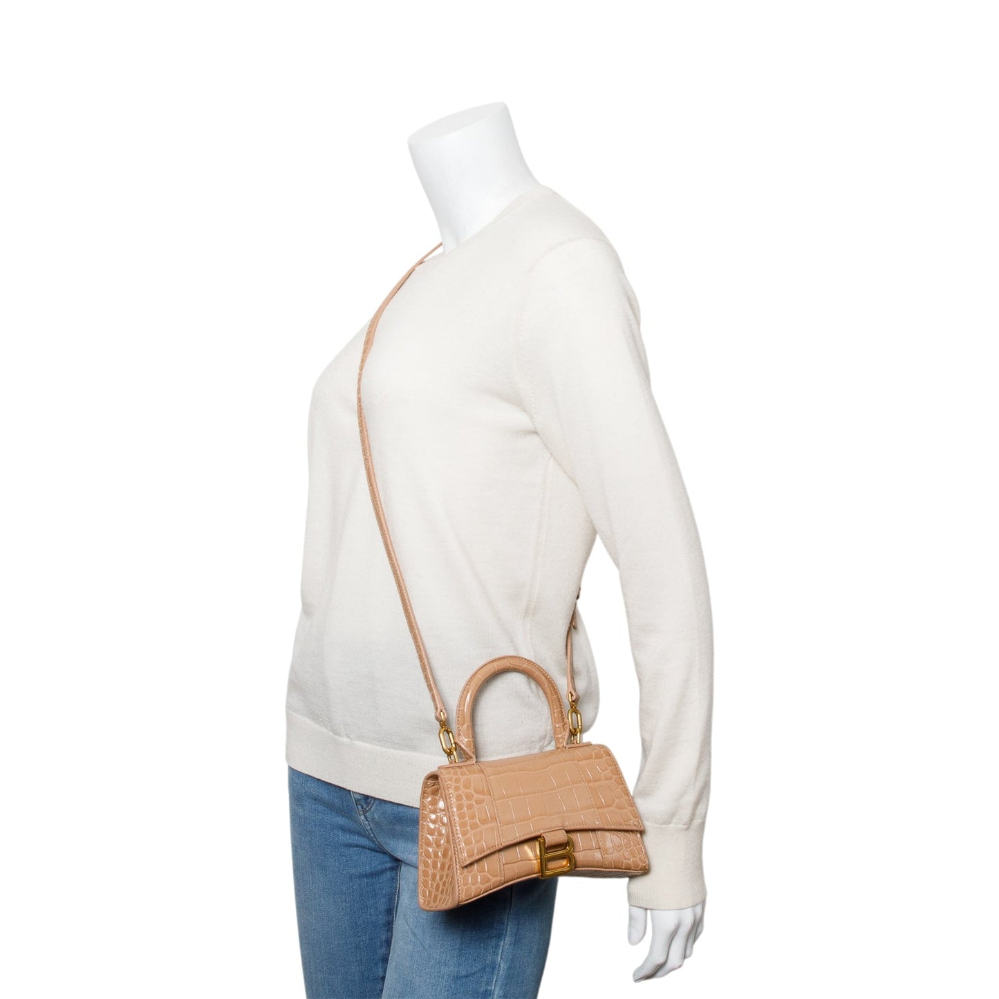 Balenciaga Beige Croc-Embossed Leather XS Hourglass Top Handle Bag