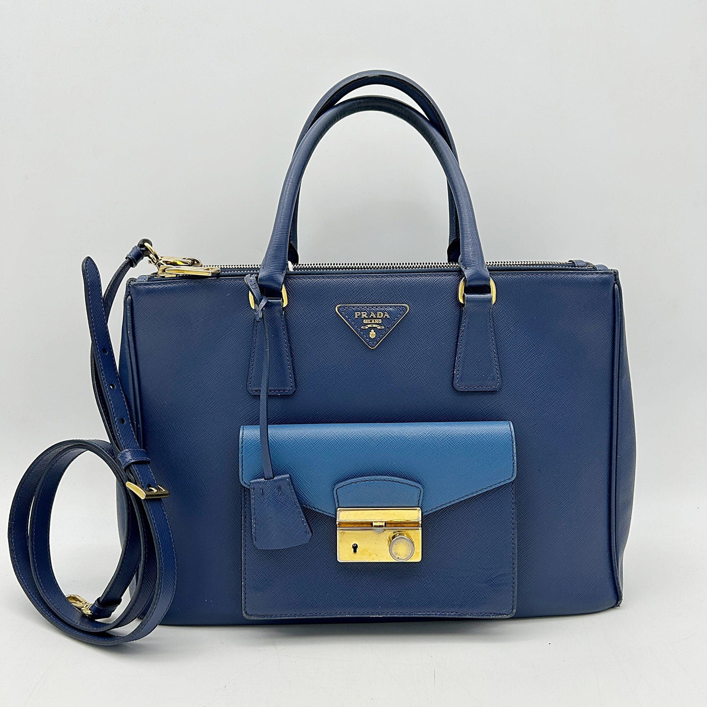 PRADA Bicolor Saffiano Lux Leather Pocket Tote Bag LA1425