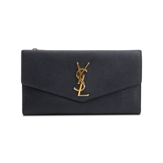 Saint Laurent Black Grain De Poudre Leather Large Flap Uptown Wallet Clutch