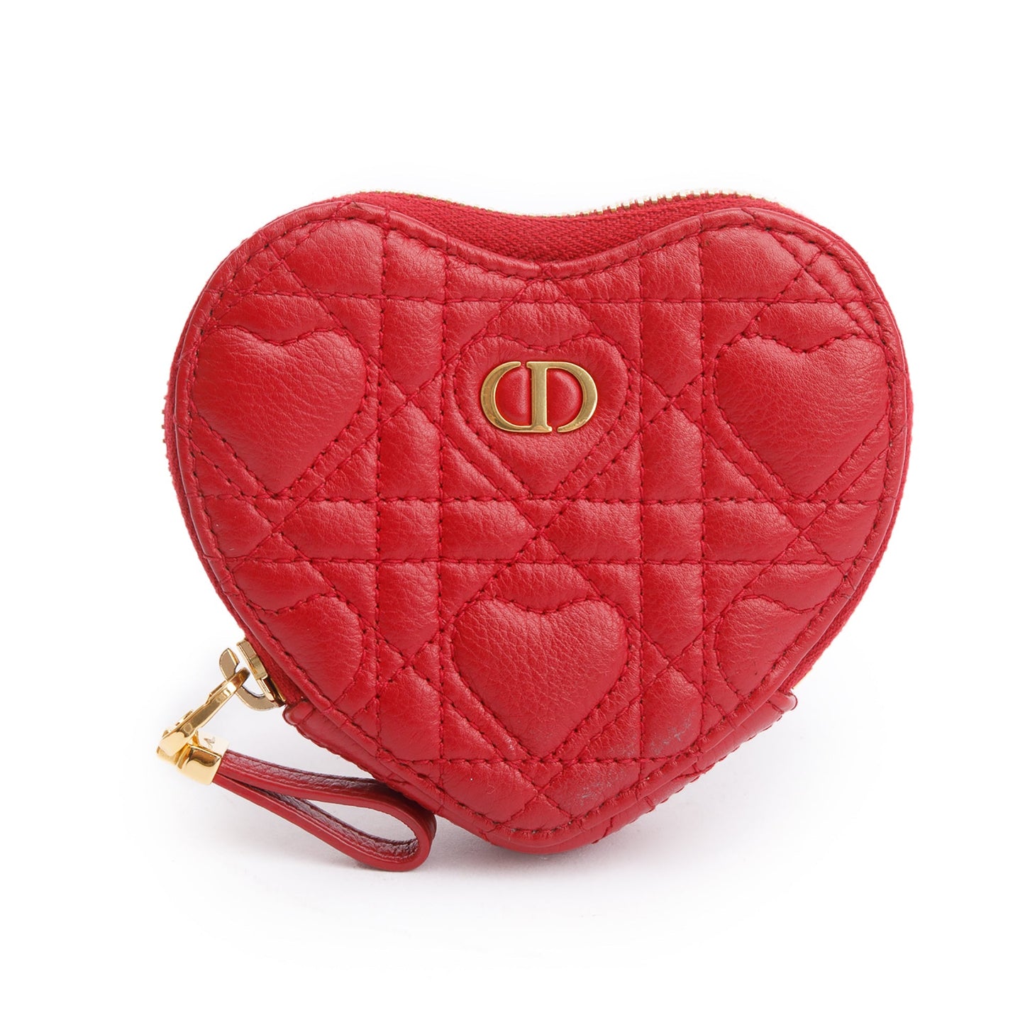Christian Dior 2023 Red Cannage Calfskin Leather Dioramour Caro Heart Chain Pouch