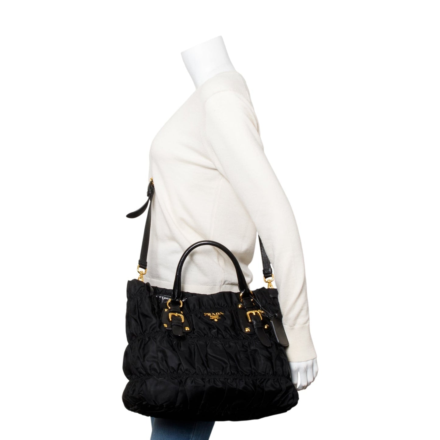 Prada Black Leather-Trimmed Tessuto Gaufre Tote