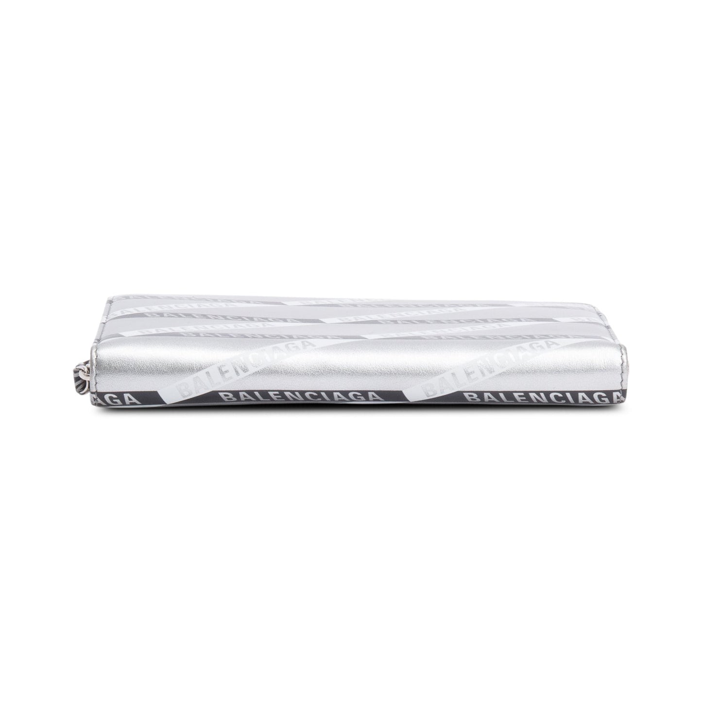 Balenciaga Metallic Silver Logo Print Calfskin Leather Everyday Zip Around Wallet