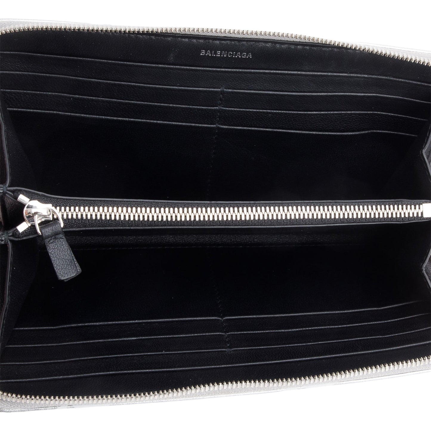 Balenciaga Metallic Silver Logo Print Calfskin Leather Everyday Zip Around Wallet