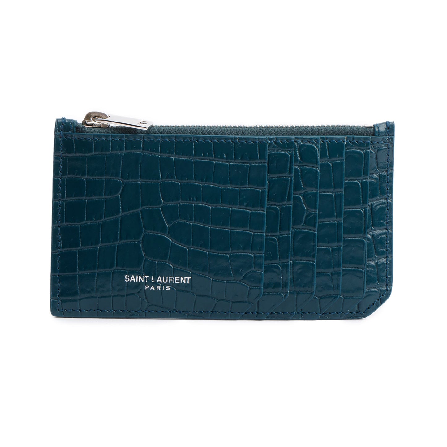 Saint Laurent Green Crocodile-Embossed Leather Cassandre Fragments Zipped Card Case