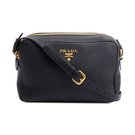 Prada Black Vitello Daino Leather Double Zip Camera Crossbody Bag