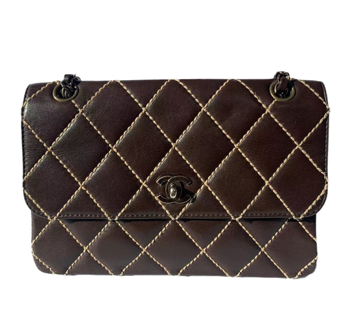 Chanel Wild Stitch Flap Brown Leather with Beige Stitching Detail