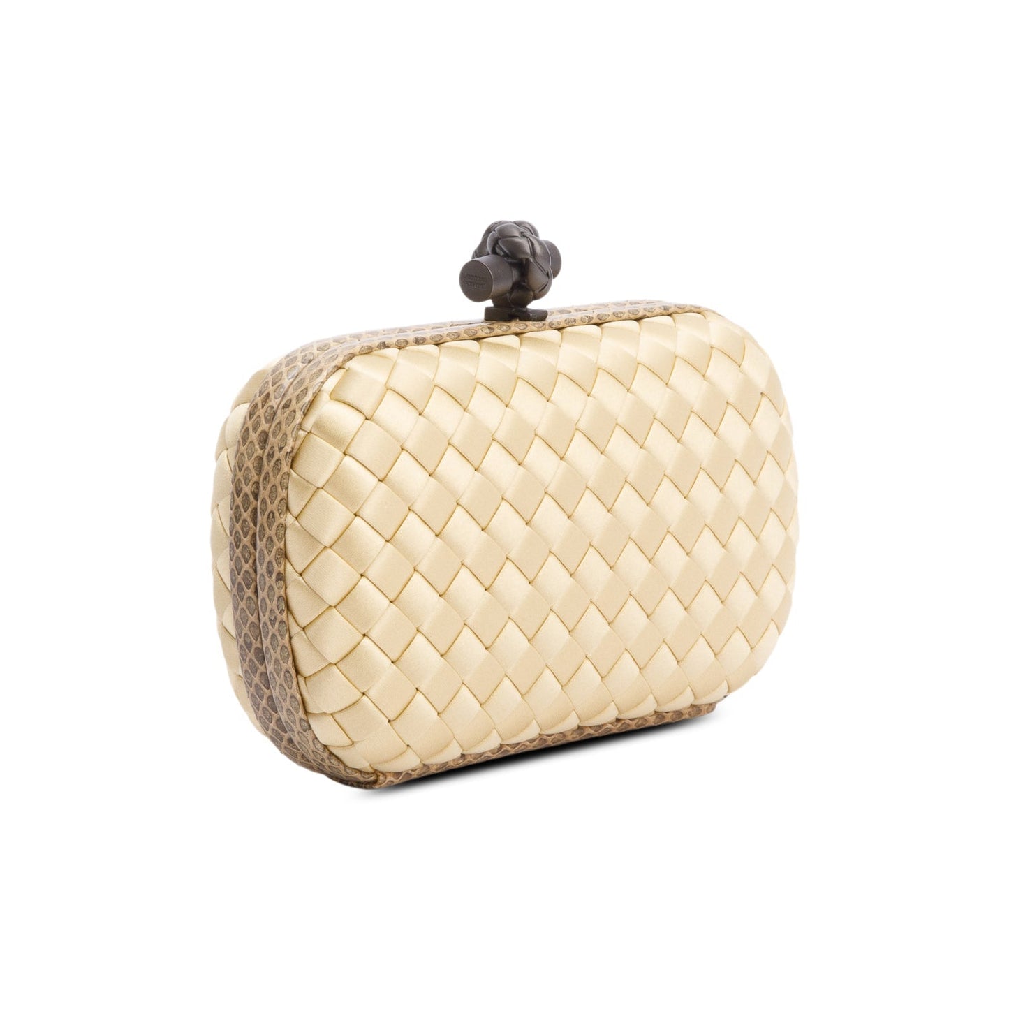 Bottega Veneta Gold Snakeskin-Trimmed Intrecciato Satin Knot Clutch