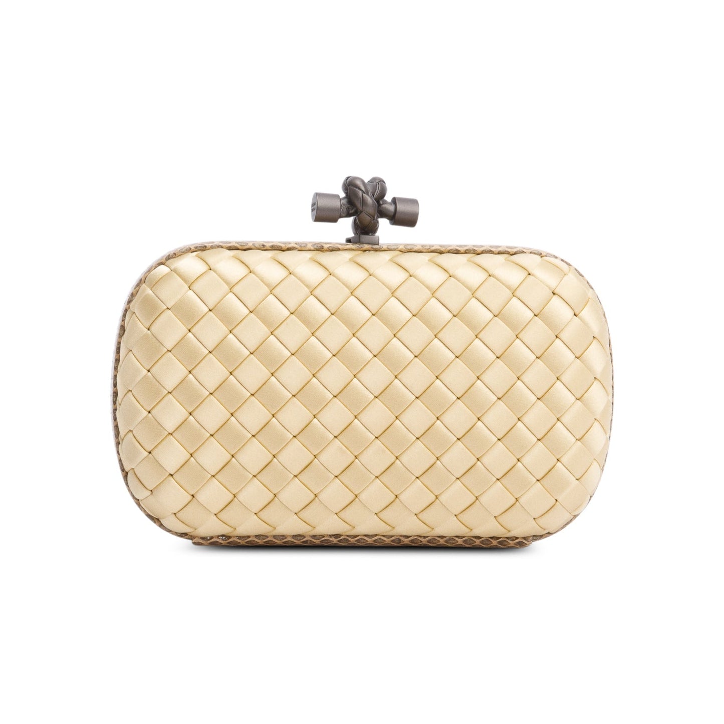 Bottega Veneta Gold Snakeskin-Trimmed Intrecciato Satin Knot Clutch