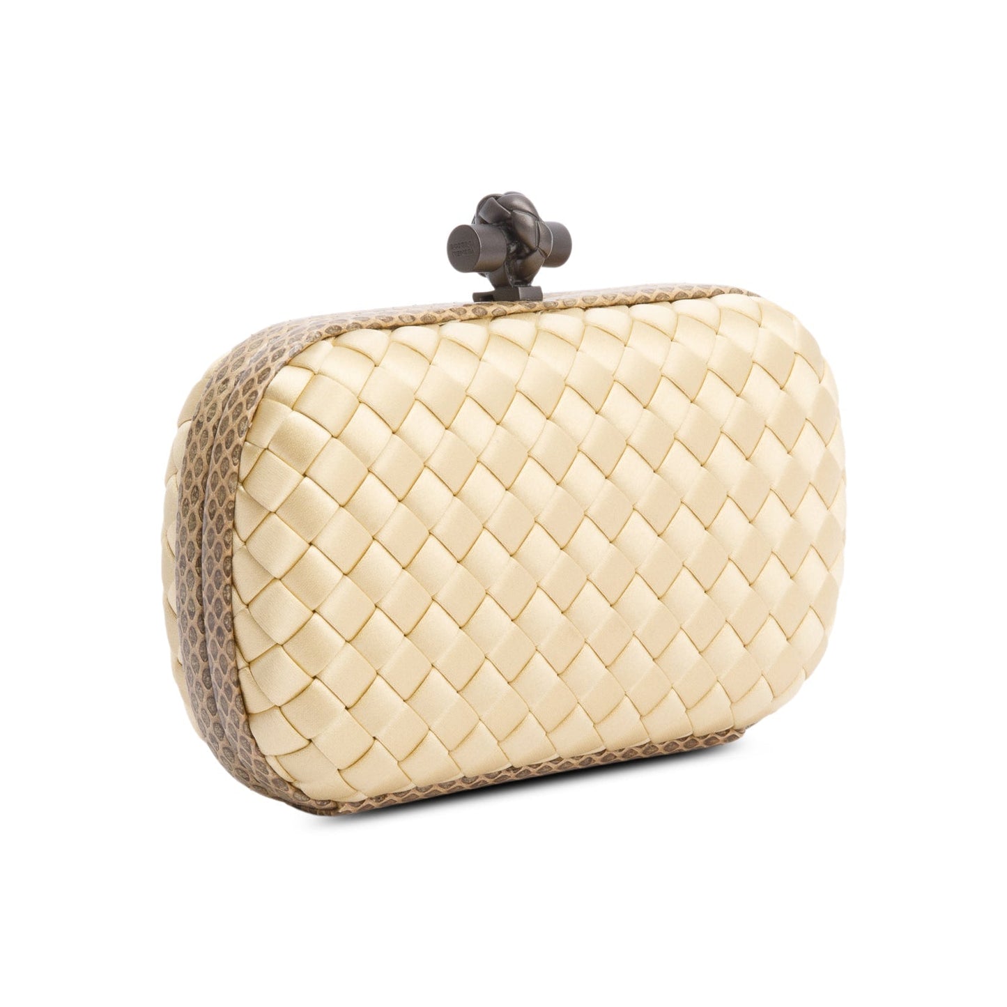 Bottega Veneta Gold Snakeskin-Trimmed Intrecciato Satin Knot Clutch