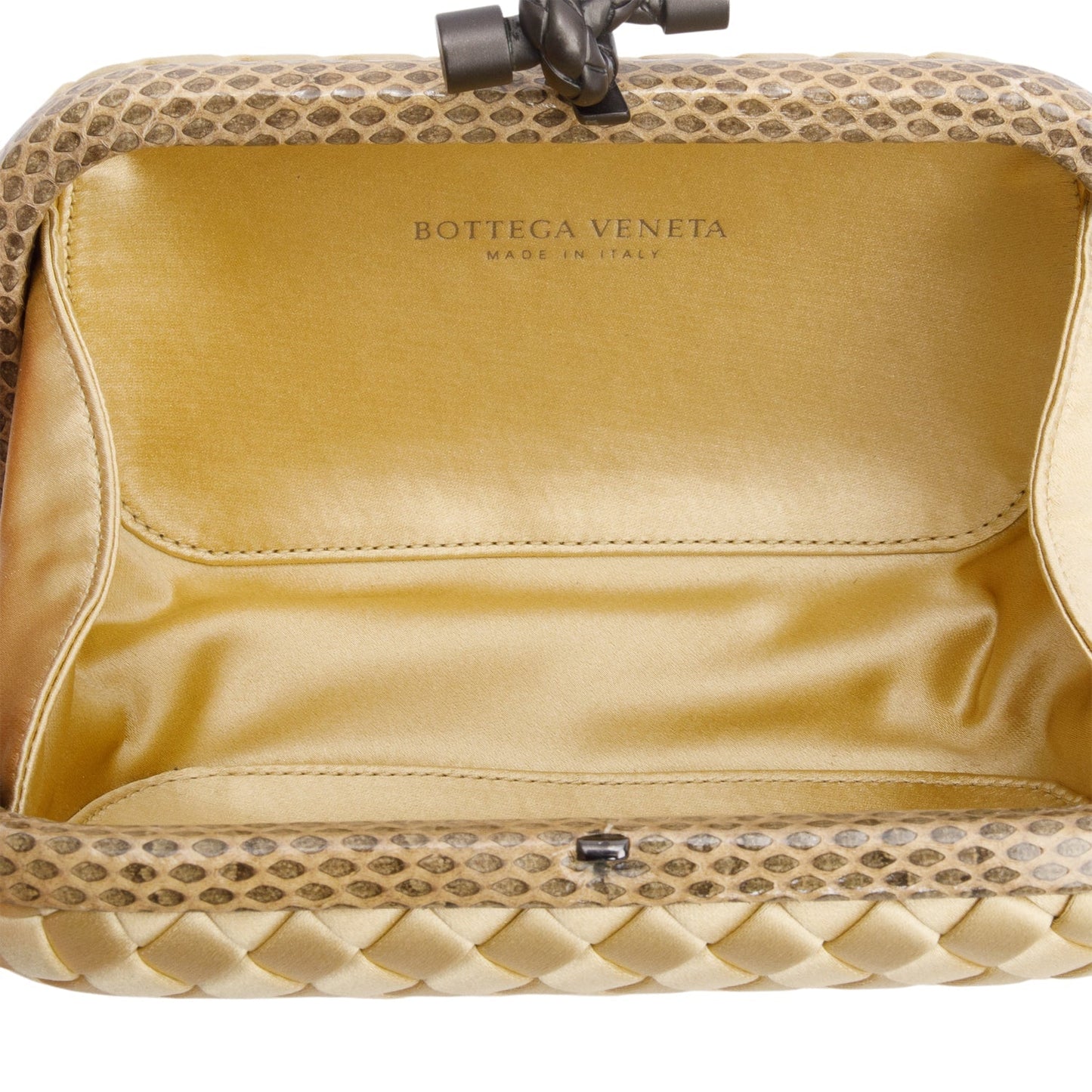 Bottega Veneta Gold Snakeskin-Trimmed Intrecciato Satin Knot Clutch