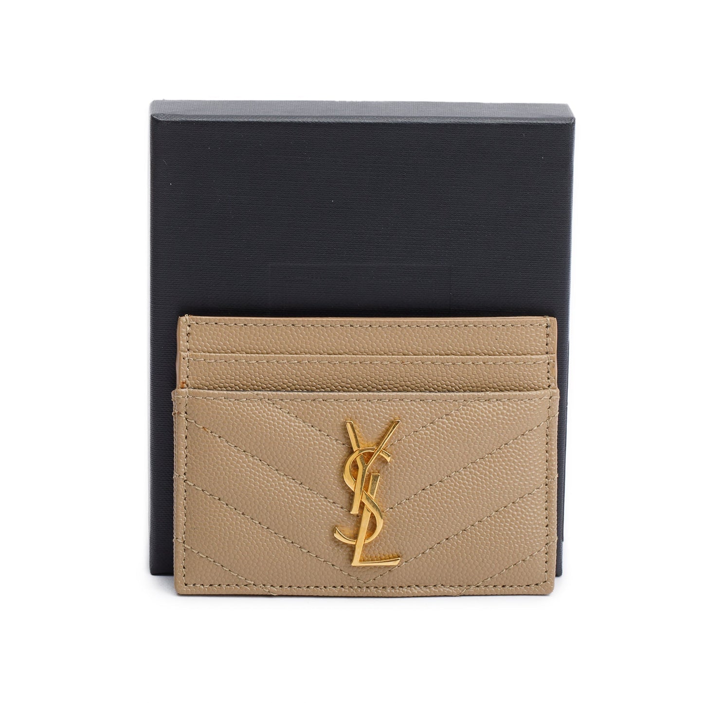 Saint Laurent Beige Grain de Poudre Matelasse Chevron Leather Card Case