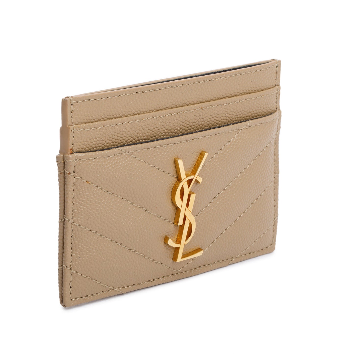 Saint Laurent Beige Grain de Poudre Matelasse Chevron Leather Card Case