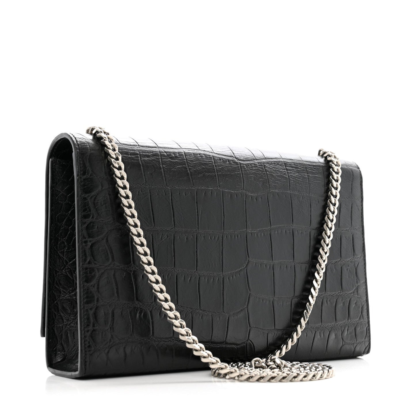 Saint Laurent Calfskin Crocodile Embossed Medium Classic Monogram Kate Tassel Satchel Black