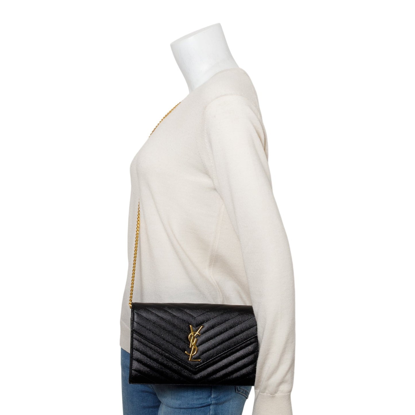 Saint Laurent Black Grain De Poudre Leather Cassandre Envelope Chain Wallet