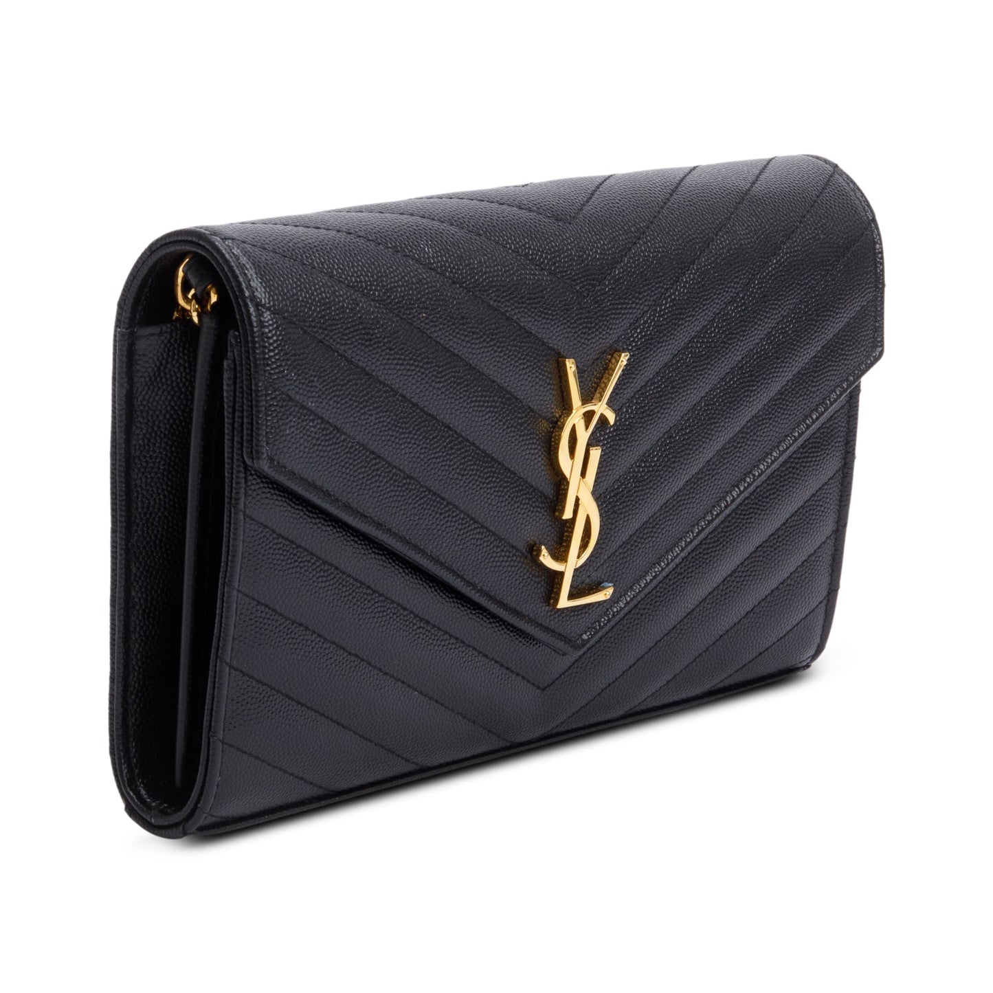Saint Laurent Black Grain De Poudre Leather Cassandre Envelope Chain Wallet