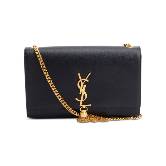 Saint Laurent 2022 Black Grain De Poudre Leather Medium Classic Monogram Kate Tassel Chain Bag