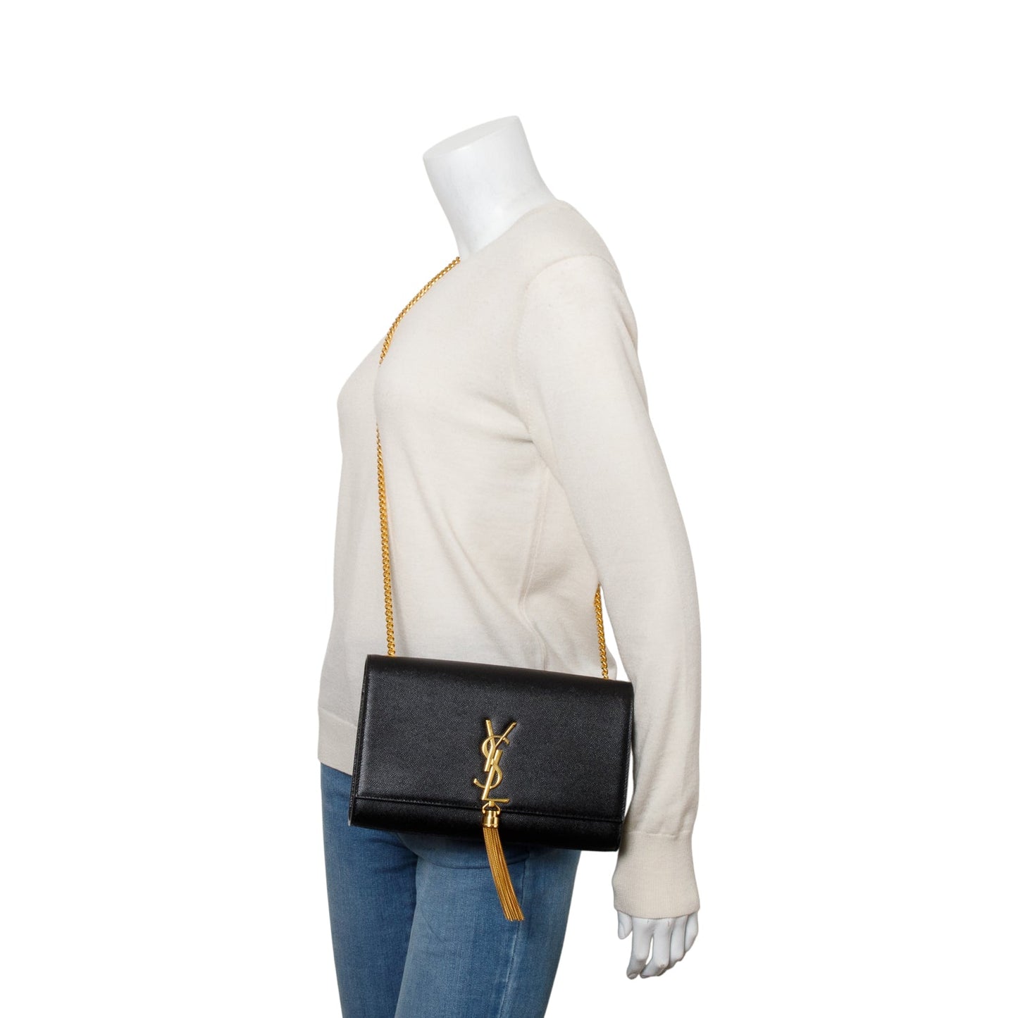 Saint Laurent 2022 Black Grain De Poudre Leather Medium Classic Monogram Kate Tassel Chain Bag