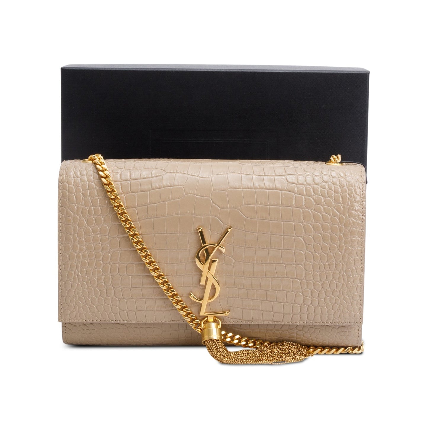 Saint Laurent 2023 Beige Crocodile-Embossed Leather Medium Classic Monogram Kate Tassel Chain Bag