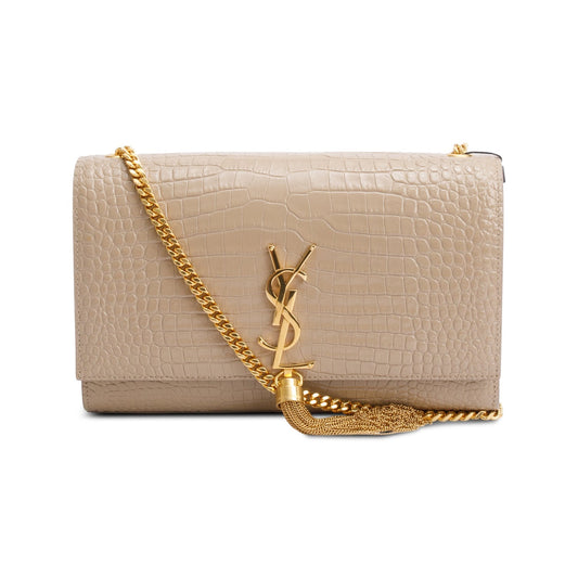 Saint Laurent 2023 Beige Crocodile-Embossed Leather Medium Classic Monogram Kate Tassel Chain Bag